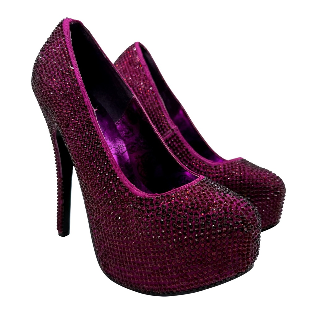 Bordello Teeze-06R Purple Rhinestone Platform Pumps Stiletto Heels Womens 7